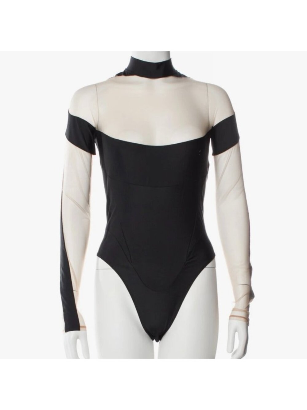 Mugler Paris 38 US 6 bodysuit bra top long sleeves blouse black sheer inserts